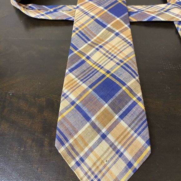 Brooks Brothers Makers all cotton blue and tan plaid tie - Picture 2 of 5